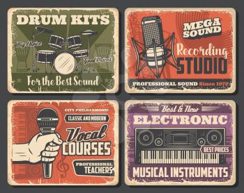 Musical instrument shop, music and sound recording studio vector design. Microphones, drum and saxophone, vinyl records, musical notes and treble clef, synthesizers and jumbo retro posters