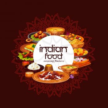 Indian food vector design of rice pilau, chicken meat curry and lentil shrimp soup, cheese paneer, vegetable stew, battered prawns and spice sauce. Restaurant menu cover with oriental ornaments