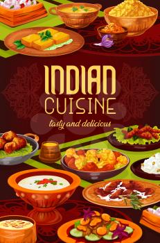 Indian spice rice with meat, seafood and vegetable dishes vector design. Pilau, lentil and shrimp soups, cauliflower casserole, cheese paneer and chicken curry, battered prawns and milk pudding