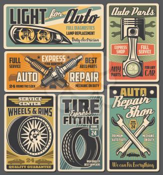 Car service and auto repair spare parts retro posters. Vector wheel, tire and rim, vehicle engine piston, wrench and spanner, spark plugs and automobile lights. Mechanic garage and workshop design