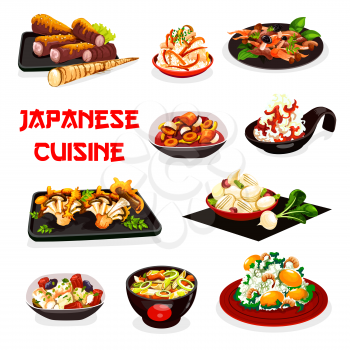 Japanese food vector design of rice dishes with shrimp, ginkgo seeds and vegetables, miso beef, pork daikon and scallop leek stews, radish, carrot and turnip salads with soy sauce. Restaurant menu