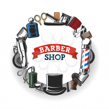 Barber shop salon vector banner, hipster and gentlemen trend hairdresser sign. Barber shop equipment and barber tools, hair trimmer, scissors and comb, beard or mustache shaving brush and razor blade