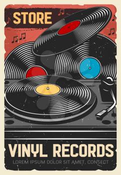 Vinyl records store, vector vintage retro poster, music instruments and DJ musical equipment store. Vinyl record LP disks, modern gramophone phonograph and music notes