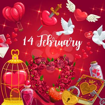 Valentines Day hearts and flowers vector design of romantic love holiday. Love letter envelope, red hearts with angel wings, golden cage and knife, floral wreath, dove birds, potion bottle and padlock