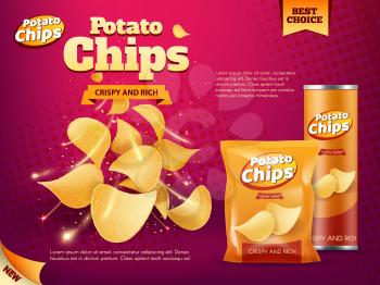 Potato chips advertising of snack food vector design. Realistic packages of crisps, foil bag and paper tube box with crunchy slices of deep fried potato vegetable, spices and salt, junk food promotion