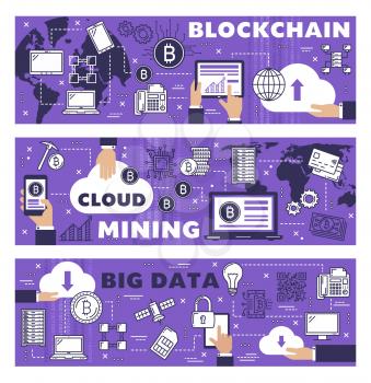 Bitcoin cloud mining, cryptocurrency blockchain technology and crypto payment network. Vector cryptocurrency mining servers in world, cloud computer network data and bit coin wallet