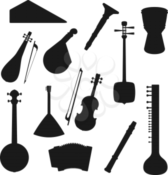 Music instruments silhouette icons of jazz, folk and classic orchestra music. Vector isolated Oriental and Asian guitars, mandolin, shamisen and sitar, flute, violin or African drum and accordion