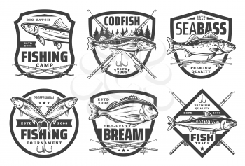 Fishing club, fisher camp and big fish catch icons. Vector icons of sea and river fishing for codfish, seabass, bream or salmon and trout, fisherman rods, fishery lures and tackles equipment