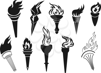 Fire torch icons, sport game championship, football soccer tournament victory and liberty symbol. Vector ancient Medieval Greek and modern light torch stick with burning flame