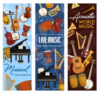 Music instruments, live folk band festival, jazz and orchestra concert banners. Vector stringed and acoustic music instruments, piano, percussion drums and harp, banjo guitar and cello