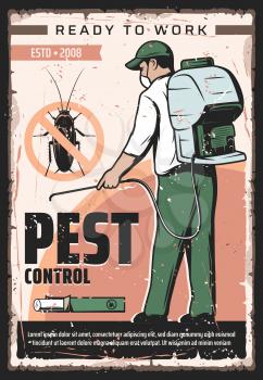 Pest control service, professional home disinsection and domestic bugs extermination vintage retro poster. Vector pest control fumigation and disinsection of parasite cockroaches and insect parasites