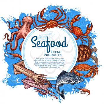 Seafood and fish gourmet restaurant vintage retro poster. Vector ocean and sea fishing catch, sea food squid and lobster crab, chef delicatessen turtle and salmon fish, octopus and crayfish