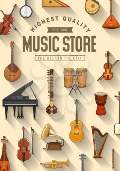Music instruments store poster, professional pop and jazz band musical equipment. Vector folk, classic and orchestra music instruments, piano and harp, violin cello and contrabass, guitar and drums