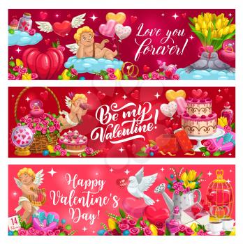 Happy Valentines Day vector greeting banners with romantic love holiday gifts. Cupids with red hearts, wedding rings and rose flowers, love letter, calendar and dove birds, Amur arrows and ribbon bows