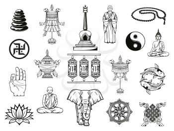 Buddhism religion sketches with Buddhist religious symbols. Vector Buddha, dharma wheel and ying yang, lotus, tibetan monk prayer wheels and meditation beads, temple stupa, om mudra, vase and parasol