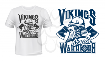 Scandinavian Vikings, vector T-shirt grunge print template mockup. Scandinavia and Nordic stern warrior man head with weapon axes in armor helmet and Agishyalm symbol on shield