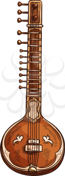 Indian sitar isolated plucked stringed instrument. Vector retro musical tool, Hindustani classical music
