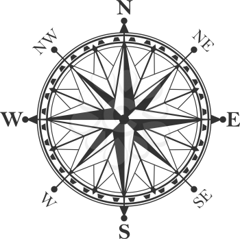 Compass symbol and sign, isolated vector marine navigation element. Rose of wind heraldic monochrome signs with world sides, north and south, west and east. Geography and cartography, map