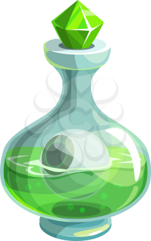 Vase with green poison and human isolated bottle. Vector magic elixir closed by diamond cork