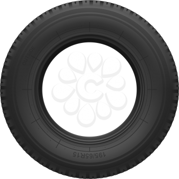 Vehicle tyre isolated black rubber tire. Vector car spare part, round rim wheel protector