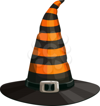 Halloween headdress, striped witch hat with buckle isolated. Vector cartoon headdress, wizard or witch cap