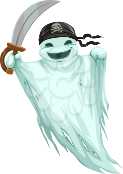 Ghost pirate in bandana with skull and sword isolated evil spirit. Vector Halloween phantom in airy blanket