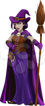 Witch with broom isolated Halloween character. Vector magic lady with broomstick, hat and purple gown