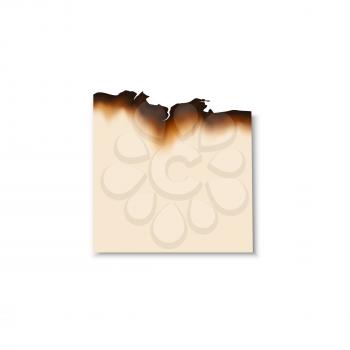 Burnt scorched piece of paper. Vector parchment sheet with dirty edges left by fire or flame