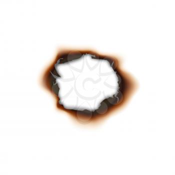 Paper sheet damaged by fire isolated burnt hole. Burnt hole in sheet of paper isolated damaged by fire surface. Vector torn page with brown ash