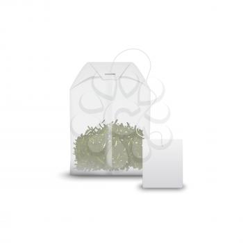 Green tea in teabag with blank label isolated. Vector Chinese drink in pack, mockup template