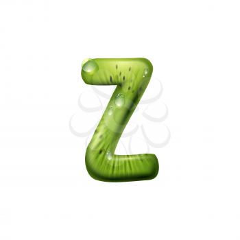 Capital letter Z of kiwi fruit isolated food alphabet symbol. Vector summer font with water drops
