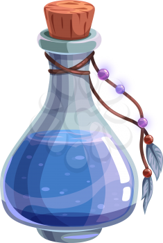 Mysterious Halloween witch potion isolated bottle with blue elixir and feathers. Vector liquid in glass jar
