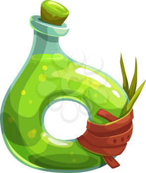 Glass jar with green witch potion made of grass isolated. Vector sorcery and witchcraft magic drink