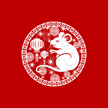 Rat symbol of Chinese New Year round ornament with flowers and clouds. Vector paper cut coin with mouse