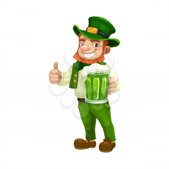 Irish leprechaun in green suit and hat showing ok sign isolated. Vector St. Patricks day symbol with mug of beer