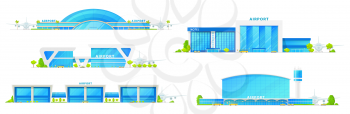 Airport glass facade terminal building icons, airplane runway and passenger terminal infrastructure. Vector isolated airport icons, public transport bus, metro and taxi cars