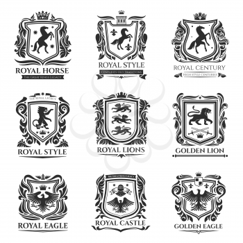 Heraldic shields, Medieval animals, Pegasus horse and royal floral emblems. Vector heraldic icons of Griffin lion with eagle wings, imperial crown, floral wreath and fleur de lys coat of arms shield