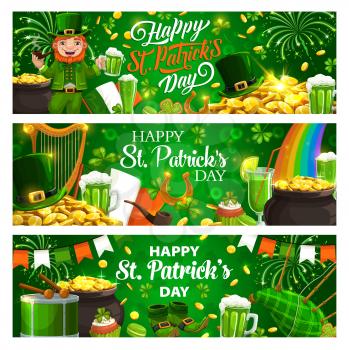 Happy St. Patricks day lettering and Irish spring holiday attributes. Vector leprechaun in green costume and glass of beer, money rain and fireworks. Bagpipe, harp and beer, treasures pot of gold