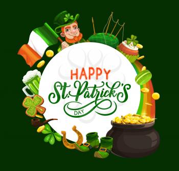 Leprechaun with Irish flag, Patrick s day shamrock and gold. Green clover leaves, lucky horseshoe and pot of golden coins on rainbow, celtic elf shoes, smoking pipe and bagpipe frame