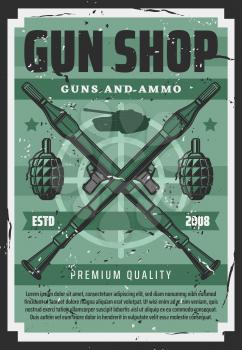 Military guns and wartime artillery shotguns equipment shop retro poster. Vector personal defense and shooting range professional ammunition, tank and mine-thrower mortar, cannonry grenades and rifles
