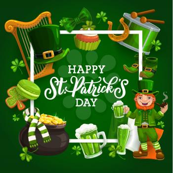 Happy St. Patricks day frame of Irish national holiday symbols. Vector harp and leprechauns hat, cupcake and beer, shoes and striped scarf. Lucky horseshoe and green shamrock three leaf clover