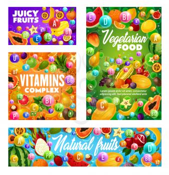Tropical and farm garden fruits, organic healthy vitamins food. Vector multivitamin complex in exotic fruits pineapple, mango and papaya, watermelon, orange and pomegranate, apple, pear and melon