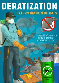 Rodent control, deratization and extermination of rats, mice and bats vector design. Pest control worker or exterminator with repellent spray, trap and rodenticide sprayer, parasite animals and mask