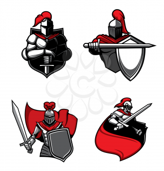 Knight warrior with sword, helmet and shield, red cape and medieval armour isolated vector icons. Sport team mascot, heraldic badge or royal emblem design with ancient crusader, paladin, soldier