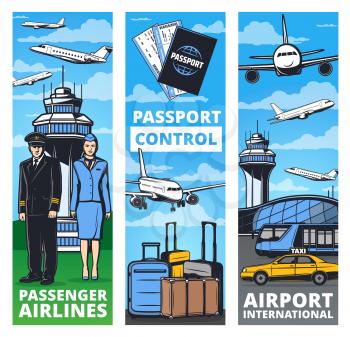 Airline plane crew and air transportation service vector banners. Airport, airplanes, pilot and flight attendant, passenger passport, ticket, boarding pass and luggage, transfer service, traffic tower