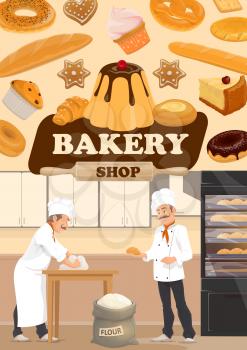 Bakery shop bread, patisserie sweets and pastry desserts. Vector baker man at work, kneading dough from flour bag and baking bread, buns and whet or rye bagels in oven
