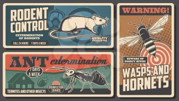 Domestic pest control service, deratization or rodent extermination vintage retro poster. Vector insects, ants and wasps pest control, mousetraps and sanitary desinsection and disinfection service