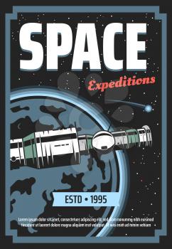 Cosmic space expeditions, galaxy exploration and shuttle or rocket travel adventure poster. Vector futuristic technology, spaceship rocket in outer space universe, galaxy trips to Moon and Saturn