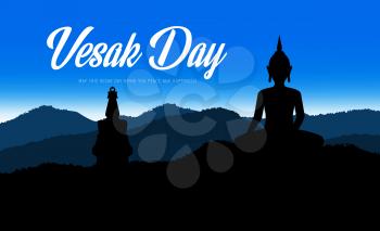 Buddha statue of Buddhism religion Vesak Day holiday. Vector silhouettes of Buddha, Thai monk temple or shrine stupa and mountain ranges with twilight sky on background