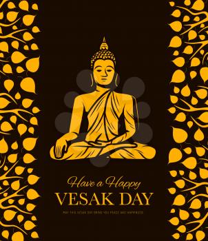 Buddha and bodhi tree leaves, Buddhism religion Vesak Day. Vector gold statue of meditating Buddha with borders of holy bodhi tree branches, buddhist holiday or Asian religious festival greeting card